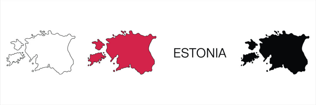 Outline, red silhouette, and black silhouette maps of estonia