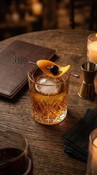 Old Fashioned cocktail with orange peel and cherry on wooden table