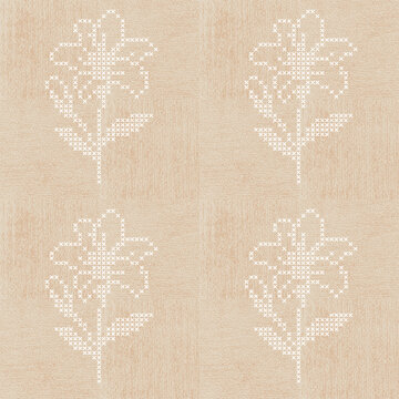 Elegant Cottagecore Seamless background with Organic Cross Stitch white daisy flowers and Vintage linen texture for Minimalist wallpaper design.