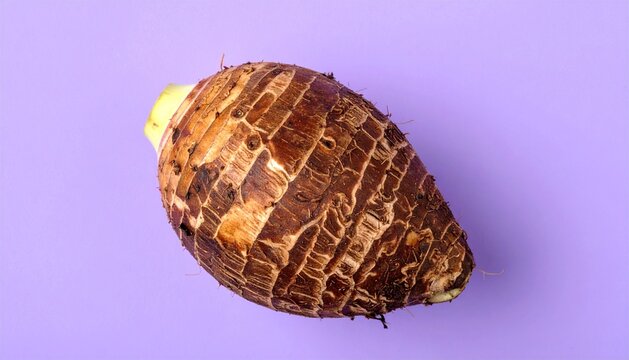 Raw whole taro root isolated on light purple background.