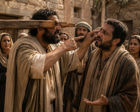 A man with a huge wooden beam in his own eye is angrily pointing at another man, trying to remove a tiny splinter. Bible story.	
