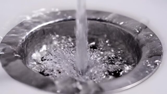 Water Flowing Down a Sink Drain with Splashes.
