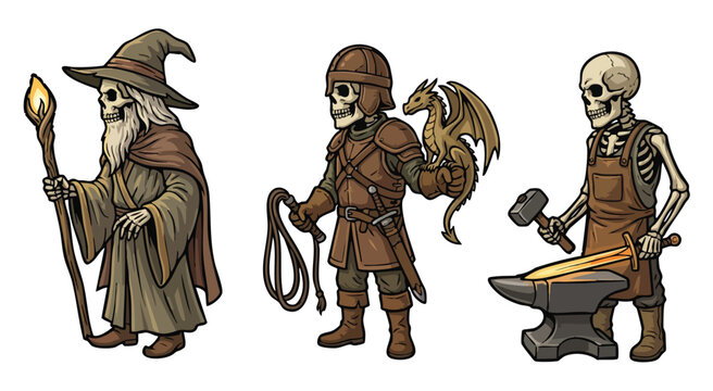 Fantasy characters including wizard, warrior, and blacksmith skeletons