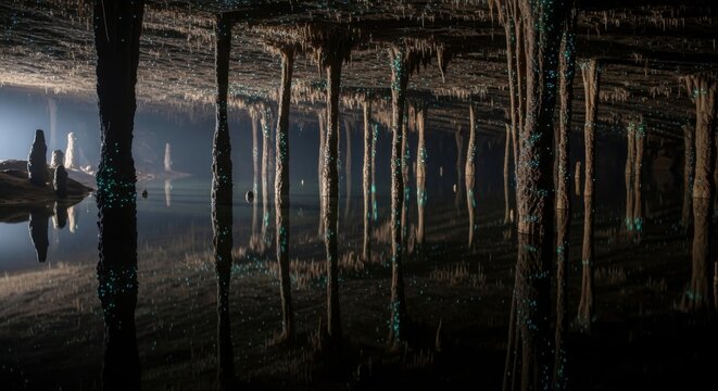 Underground cave featuring tall stone stalactites and a dark reflective pool