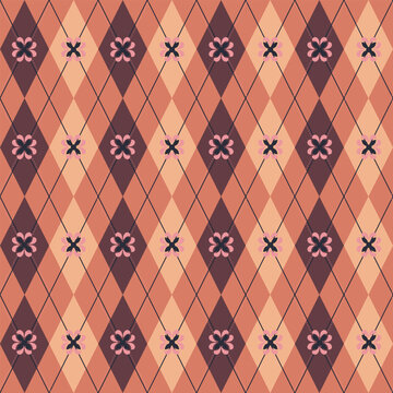 A warm, seamless argyle pattern featuring minimalist geometric flowers in terracotta, peach, and charcoal. Perfect for autumn textiles and stationery.