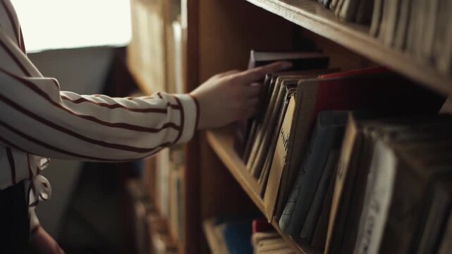 hand woman or man choose takes book bookshelf library bookstore student university College School reader literature textbooks bookworm bookcase education learn notebook Boy girl read pages. bookshelve