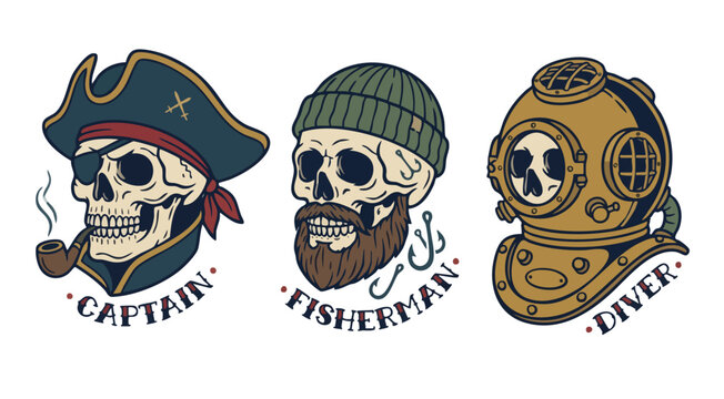 Vintage skull illustrations of captain, fisherman, and diver with accessories