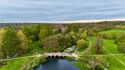 Fototapeta premium Aerial drone view of Five Arch Bridge over River Cray in Foots Cray Meadows, Sidcup, London