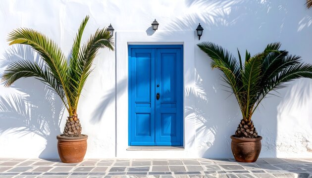 Puerta azul en fachada blanca con dos palmeras en macetas y estilo mediterr&aacute;neo minimalista