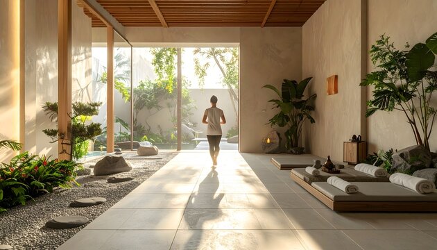 Sala luminosa de yoga y bienestar con mujer de pie, esterillas y luz natural en ambiente relajante