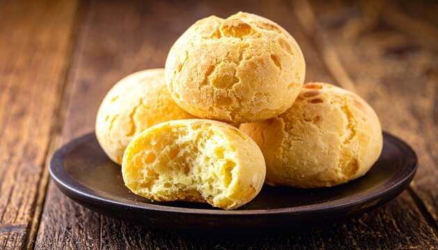 Brazilian cheese bread, known as Pao de Queijo, served on a rustic wooden plate.