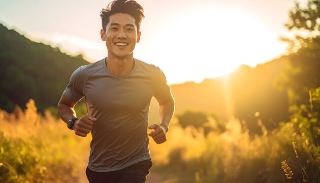 Hombre joven corriendo al aire libre al atardecer con luz dorada en una escena de deporte y vida saludable