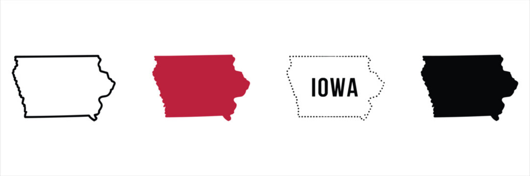 Set of four iowa state map outline, solid, and dotted styles