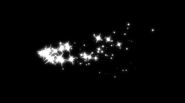 Glittering white star trail moving fast from right to left on black background, shining bright sparkly sparkles texture overlay video loop