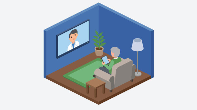 Elderly person using tablet for telemedicine consultation at home.