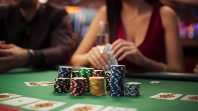 poker Game in casino, taking place with poker chips and cards on green table, gambling, roulette jackpot. Betting on Payout, Strategy and Luck. Group Friends Playing. People man woman gambler. player