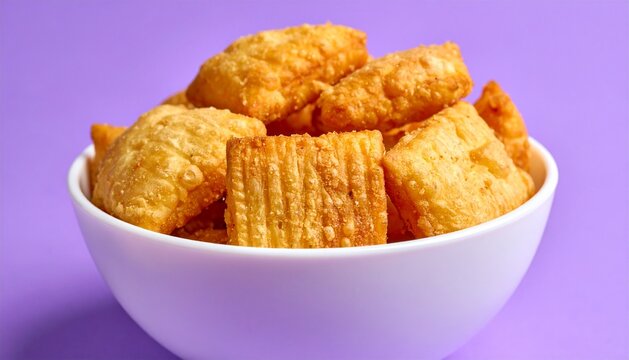 Bowl of crispy golden fried snacks on a purple background
