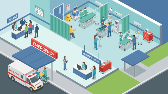 Isometric hospital emergency room scene with patients and medical staff.