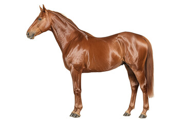 Naklejka premium Horse stands in profile showing its muscular build and smooth brown coat against a plain white background.