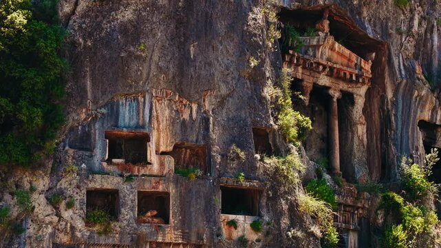 Aerial view Lycian ancient old Tombs around Fethiye Turkey.