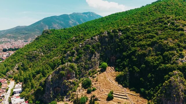 Aerial view Lycian ancient old Tombs around Fethiye Turkey.