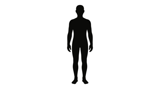 A simple flat black silhouette of a full body human figure standing in a neutral relaxed position isolated on a clean plain white background for design