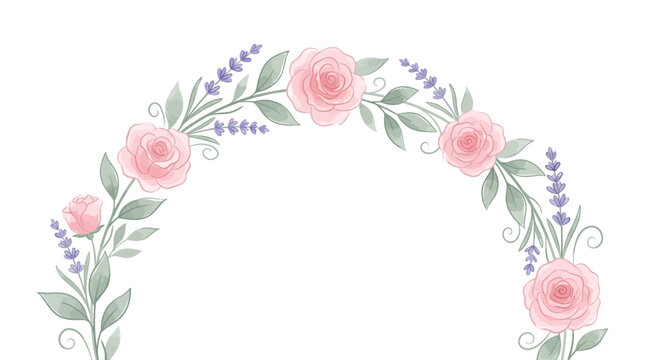 Elegant floral arch frame decorated with soft watercolor hand painted pink roses green leaves and lavender sprigs for wedding and greeting card art