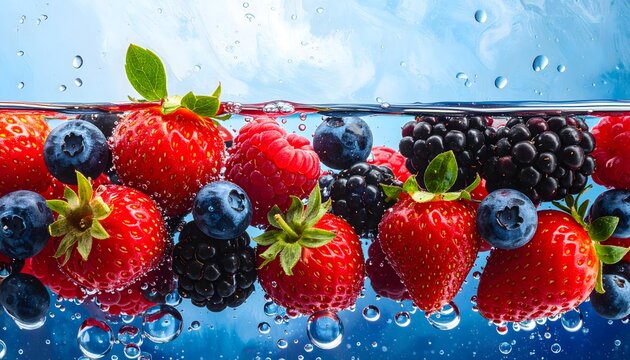 Frutos rojos frescos sumergidos en agua con burbujas sobre fondo azul en composici&oacute;n refrescante y saludable