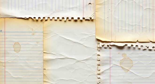 Top view of stacked antique ledger paper sheets with torn edges stationery background document parchment business accounting paperwork material historical