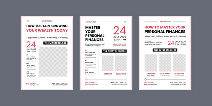 Set of three professional flyer templates for a financial literacy seminar or wealth management masterclass, featuring a clean white layout with red and black accents and image placeholders