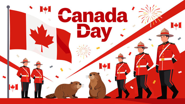 Vibrant Canada Day celebration featuring the national flag, Mounties, beavers, and fireworks, symbolizing national pride and festivity.