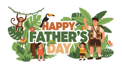 Fototapeta premium Happy Father's Day Adventure: A heartwarming illustration celebrates Father's Day, depicting a family adventure in a lush, tropical setting with exotic wildlife.