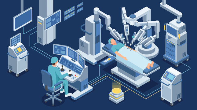 Modern Robotic Surgery System with Surgeon and Patient on Operating Table.