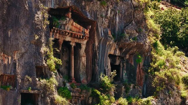 Aerial view Lycian ancient old Tombs around Fethiye Turkey.