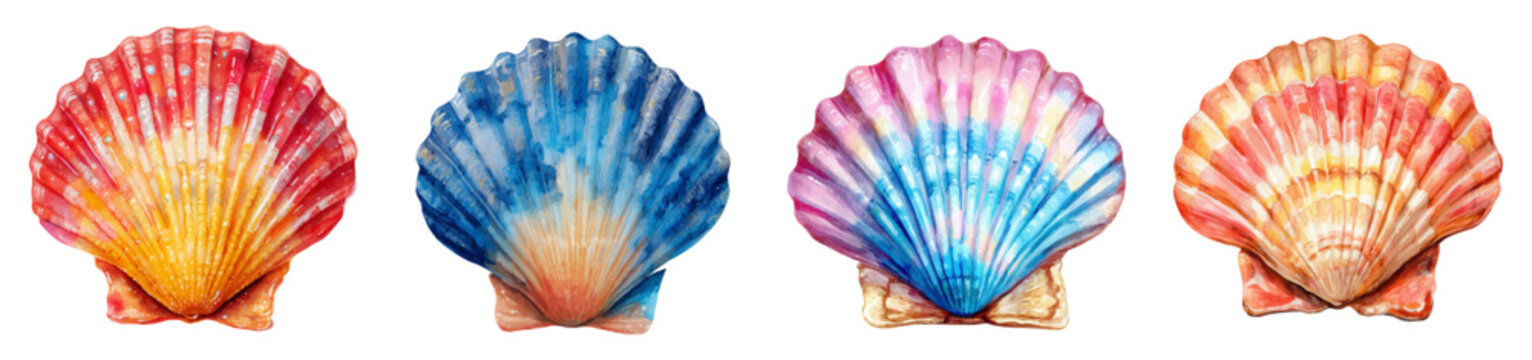 Watercolor seashells pattern with colorful scallop shells in a row on white background, creating a vibrant marine life theme for summer designs and ocean concepts