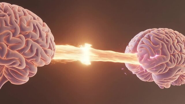 Two brains connected by a thick glowing synapse &ndash; empathy, love, or psychological rapport, warm pinkorange tones.