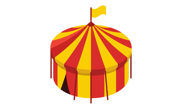 Red and Yellow Striped Circus Tent with Flag on White Background