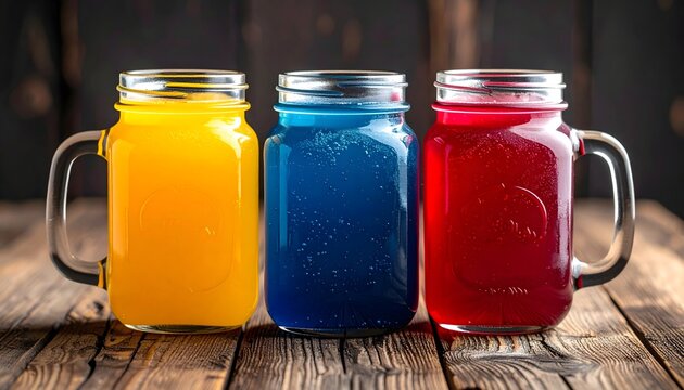 Tres tarros de bebidas de colores sobre mesa de madera con fondo oscuro en composici&oacute;n refrescante y vibrante
