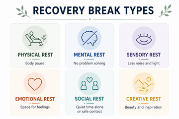 Fototapeta premium It displays different types of recovery breaks, including physical, mental, sensory, emotional, social, and creative rest.
