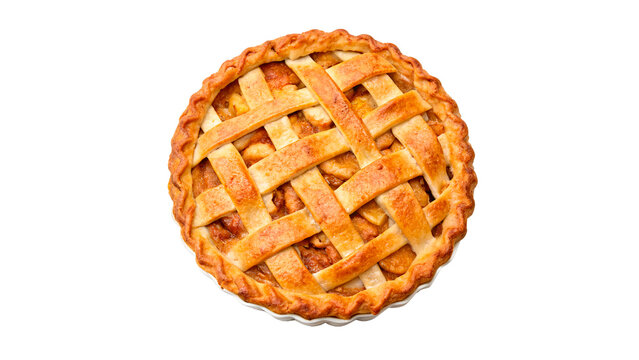 A delicious traditional golden baked homemade apple or berry lattice pie top view isolated on transparent background