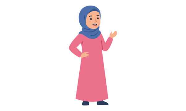 Muslim girl wearing hijab and pink dress gesturing isolated