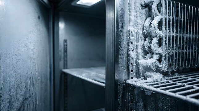 macro shot of pharmaceutical refrigeration unit with heavy frost buildup inside ultra low temperature medical freezer
