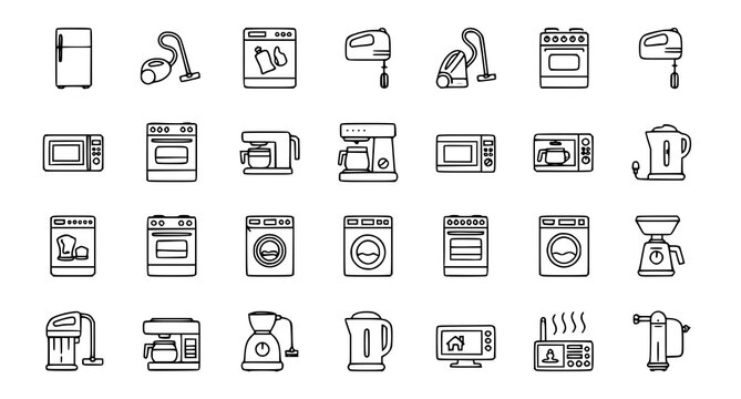 Linear household appliance icon collection with fridge vacuum cleaner oven and kitchen electronics vector