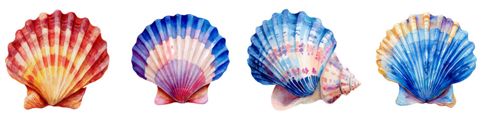 Watercolor seashells creating a vibrant collection of marine life elements, bringing a fresh, colorful, and decorative touch inspired by the ocean and summer holidays © Mari