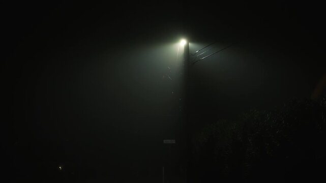 Camera moving backward away from streetlight in foggy night, smooth retreat enhances feeling of emptiness and eerie atmosphere on dark road with diffused light and low visibility
