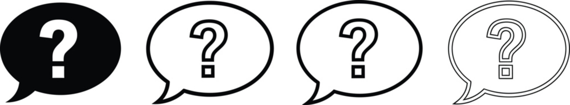 Four speech bubble icons containing question marks representing inquiry and confusion question mark thought bubble question confusion uncertainty