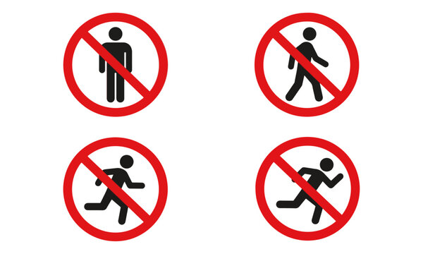 No Pedestrian and Running Prohibition Signs Set on White Background