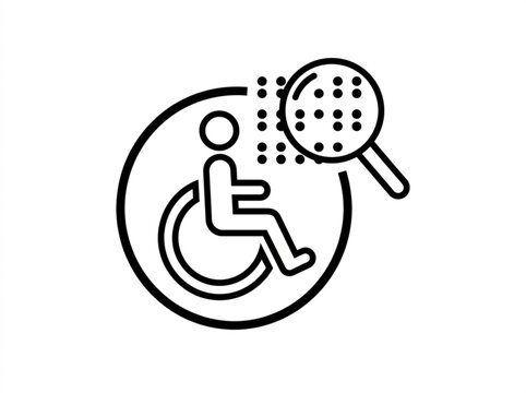 Braille accessibility symbol with magnifying glass and wheelchair icon representing inclusive design and disability awareness