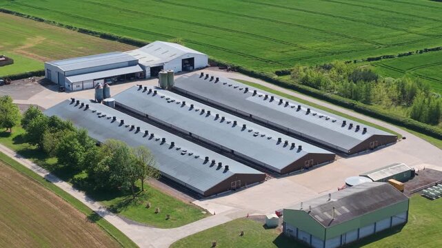 Aerial view of large industrial agricultural sheds and farm buildings surrounded by green fields in Kettering, England, United Kingdom.
