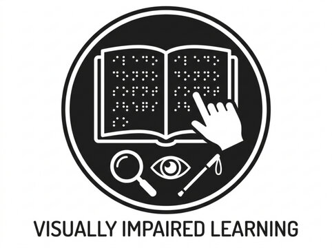 Visually impaired learning icon with braille book and accessibility symbols